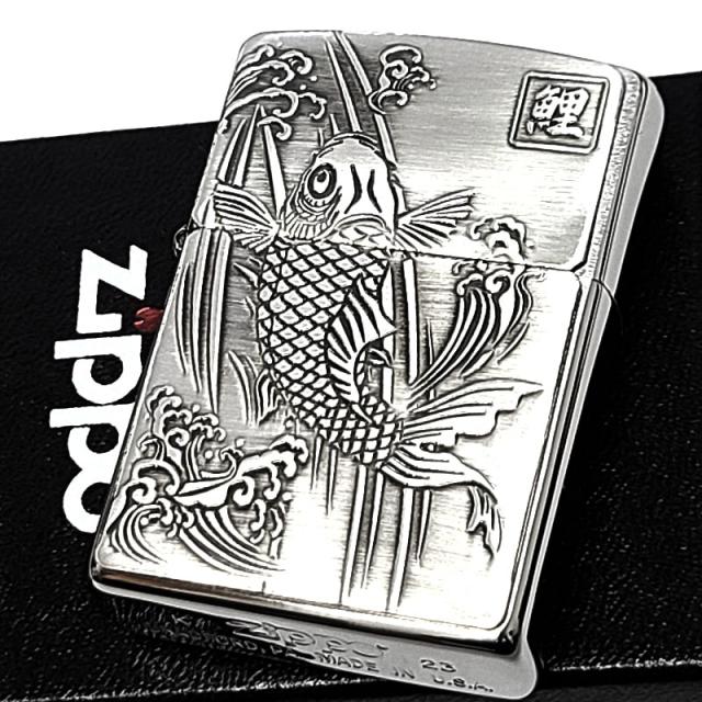 ZIPPO 鯉 和柄 ジャパニーズデザイン ジッポ ライター アンティークシルバー 彫刻 サテン仕上げ 重厚メタル お守り かっこいい おしゃれ メンズ プレゼント ギフト_1
