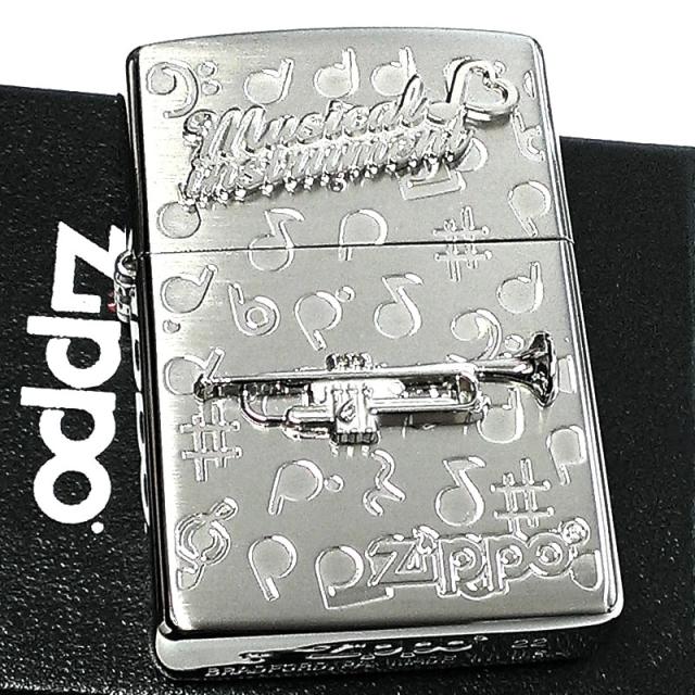 ZIPPO ライター 楽器 トランペット ジッポ かわいい シルバー 両面加工 おしゃれ ハート 音符 可愛い ホワイトニッケル 銀 プレゼント_1