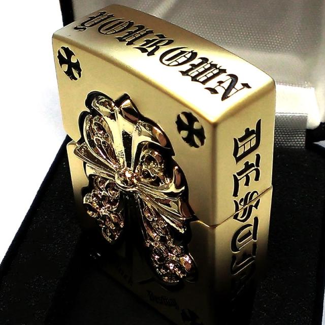 ZIPPO ライター メタルジャケット ジッポ 超重厚 艶消しゴールド クロスメタル 金タンク 5面デザイン 彫刻 メンズ 銀 十字架 プレゼント_2