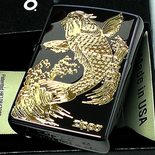 ZIPPO ライター 和柄 昇鯉 ブラックニッケル 金差し ジッポ ロゴ 御守り 彫刻 ゴールド かっこいい お守り 黒金 メンズ