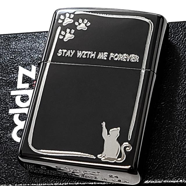 ZIPPO ライター ジッポ 猫 ブラックニッケル 美しい かわいい ネコ アニマル Stay with me Forever おしゃれ 彫刻 ねこ 黒 動物 女性