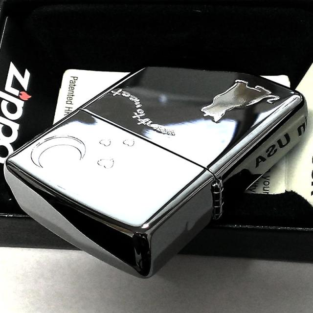 ZIPPO ライター 猫 ジッポ CAT & MOON 可愛い ブラックニッケル 月 おしゃれ 三日月 ネコ エッチング ハート 女性 レディース_4