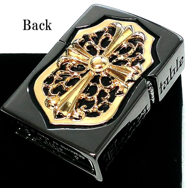 ZIPPO ライター メタルジャケット ジッポ 超重厚 ブラックニッケル ゴールド クロス 盾 黒 金タンク 5面デザイン 彫刻 メンズ 十字架_2