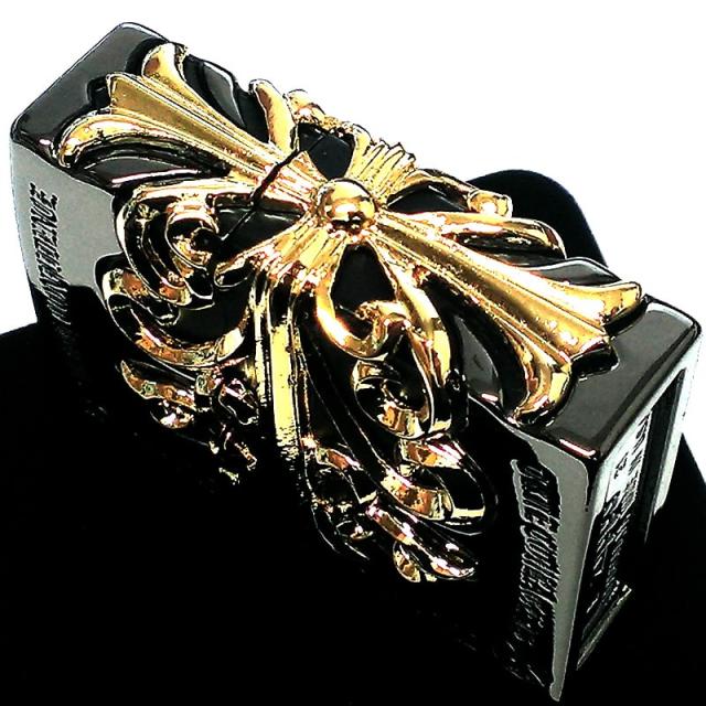 ZIPPO メタルジャケット クロス 超重厚 ジッポ ライター ブラックニッケル 大型3面メタル ゴールド 金タンク 黒金 5面加工 かっこいい_5