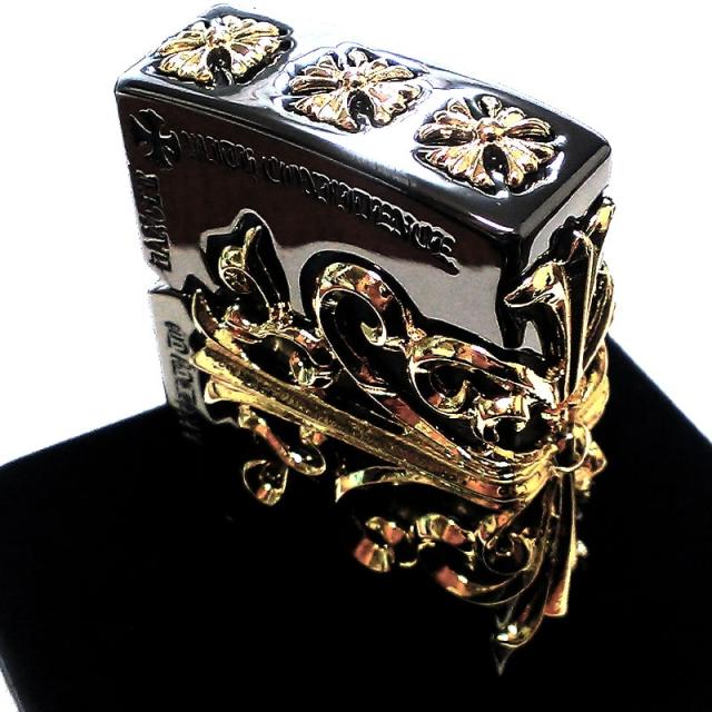 ZIPPO メタルジャケット クロス 超重厚 ジッポ ライター ブラックニッケル 大型3面メタル ゴールド 金タンク 黒金 5面加工 かっこいい_8