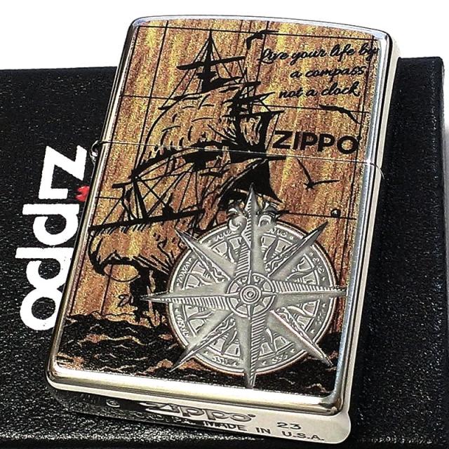 ZIPPO かっこいい コンパス ジッポ ライター シルバー 帆船 おしゃれ 木目調 羅針盤 COMPASS 銀いぶし仕上げ ニッケルイブシ メンズ_1