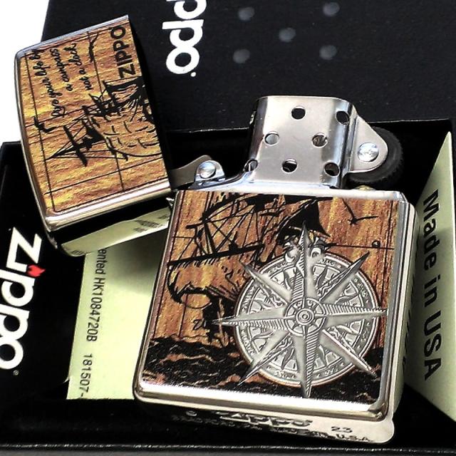 ZIPPO かっこいい コンパス ジッポ ライター シルバー 帆船 おしゃれ 木目調 羅針盤 COMPASS 銀いぶし仕上げ ニッケルイブシ メンズ_2