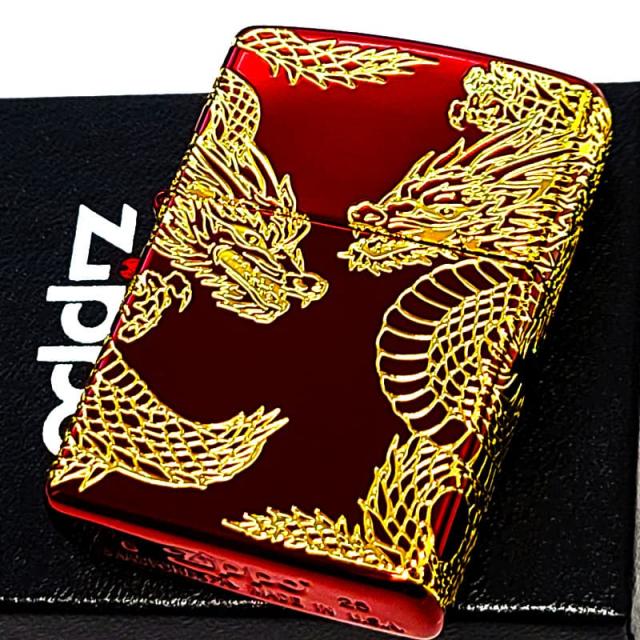 ZIPPO ライター 双龍 ジッポ 和柄 三面加工 イオンレッド 彫刻 金差し ツインドラゴン メンズ 赤金 プレゼント 竜 かっこいい ギフト お守り_1