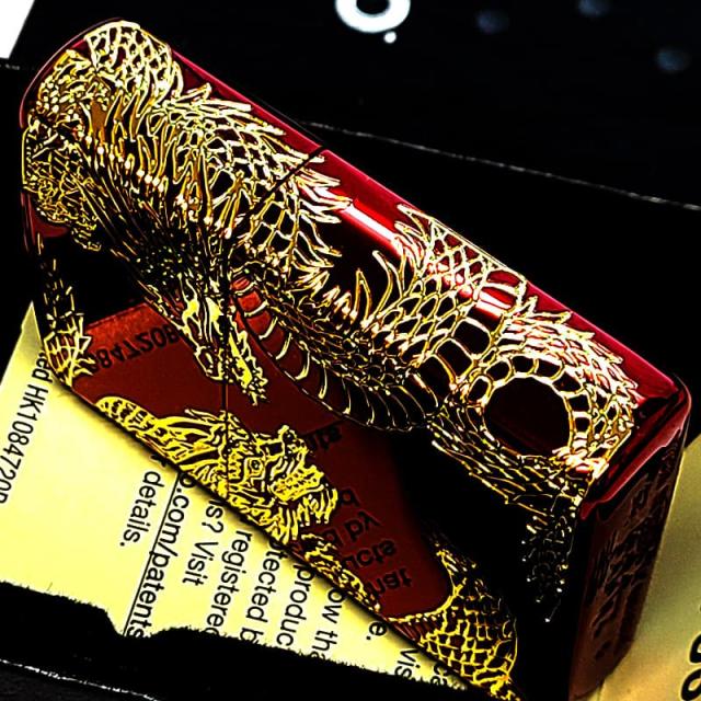 ZIPPO ライター 双龍 ジッポ 和柄 三面加工 イオンレッド 彫刻 金差し ツインドラゴン メンズ 赤金 プレゼント 竜 かっこいい ギフト お守り_2