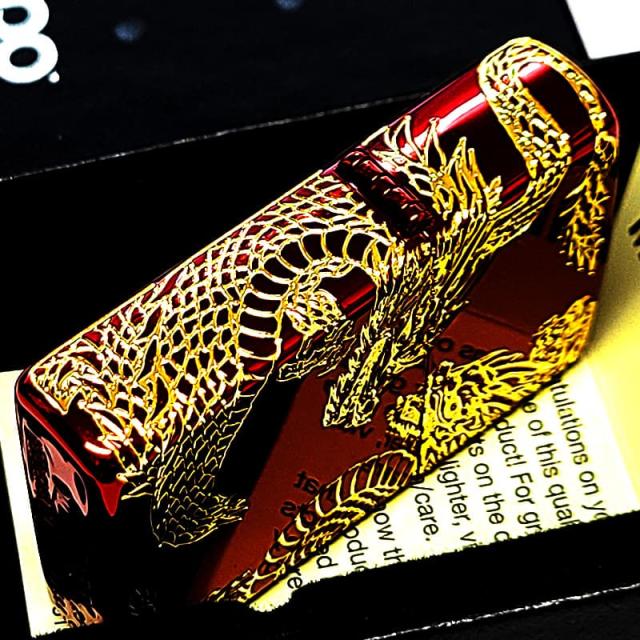 ZIPPO ライター 双龍 ジッポ 和柄 三面加工 イオンレッド 彫刻 金差し ツインドラゴン メンズ 赤金 プレゼント 竜 かっこいい ギフト お守り_3