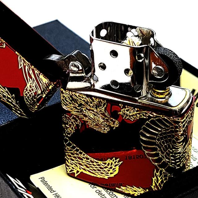 ZIPPO ライター 双龍 ジッポ 和柄 三面加工 イオンレッド 彫刻 金差し ツインドラゴン メンズ 赤金 プレゼント 竜 かっこいい ギフト お守り_5
