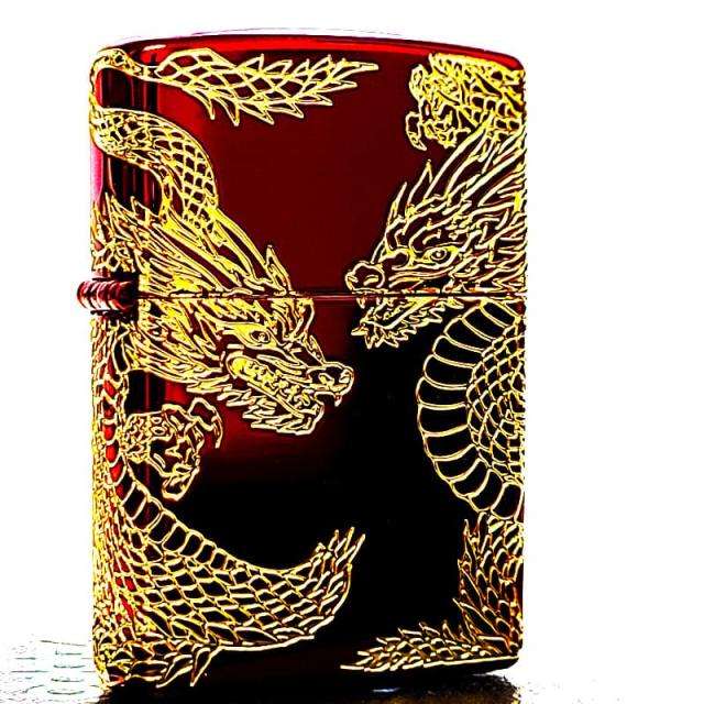 ZIPPO ライター 双龍 ジッポ 和柄 三面加工 イオンレッド 彫刻 金差し ツインドラゴン メンズ 赤金 プレゼント 竜 かっこいい ギフト お守り_7