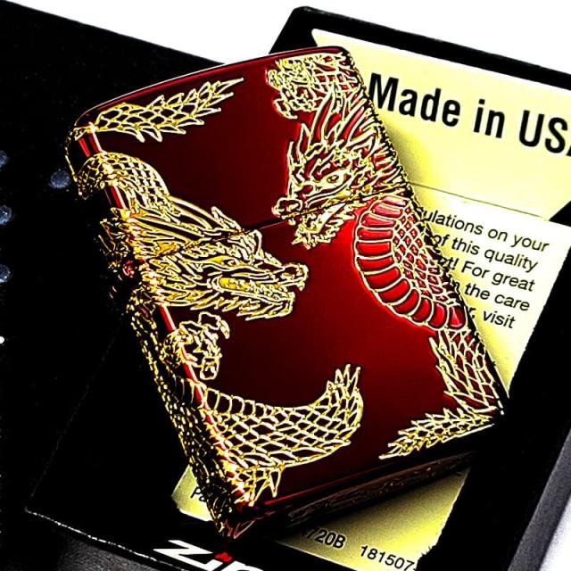 ZIPPO ライター 双龍 ジッポ 和柄 三面加工 イオンレッド 彫刻 金差し ツインドラゴン メンズ 赤金 プレゼント 竜 かっこいい ギフト お守り_8