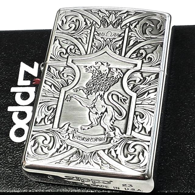 ZIPPO ライター ケルベロス 紋章 クレスト ジッポ シルバー ギリシャ神話 両面加工 銀燻し仕上げ 彫刻 かっこいい 番犬 おしゃれ 御守り_1