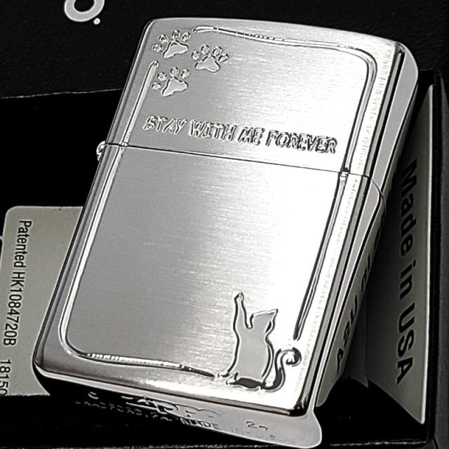 ZIPPO ライター ネコ かわいい サテンシルバー ジッポ Stay with me Forever 足跡 アニマル 美しい おしゃれ 彫刻 ねこ 銀 動物 女性