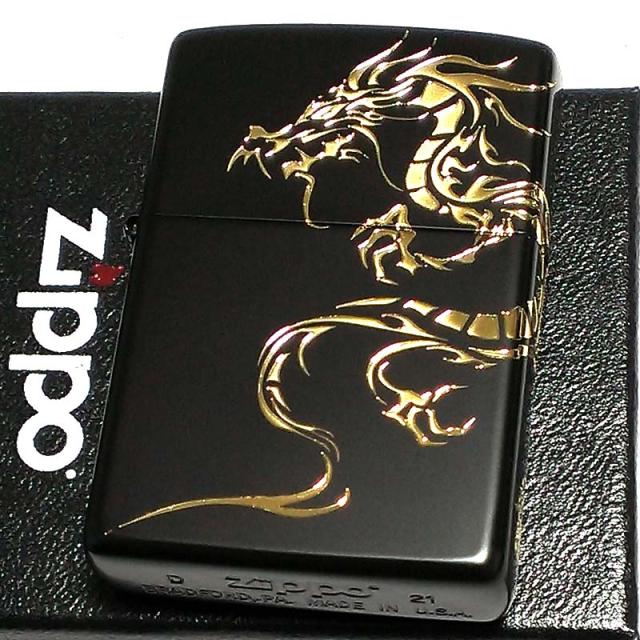 ZIPPO ライター ドラゴンタトゥー ジッポ 龍 マットブラック トライバル ２面エッチング 黒＆金差し かっこいい メンズ プレゼント ギフト_1