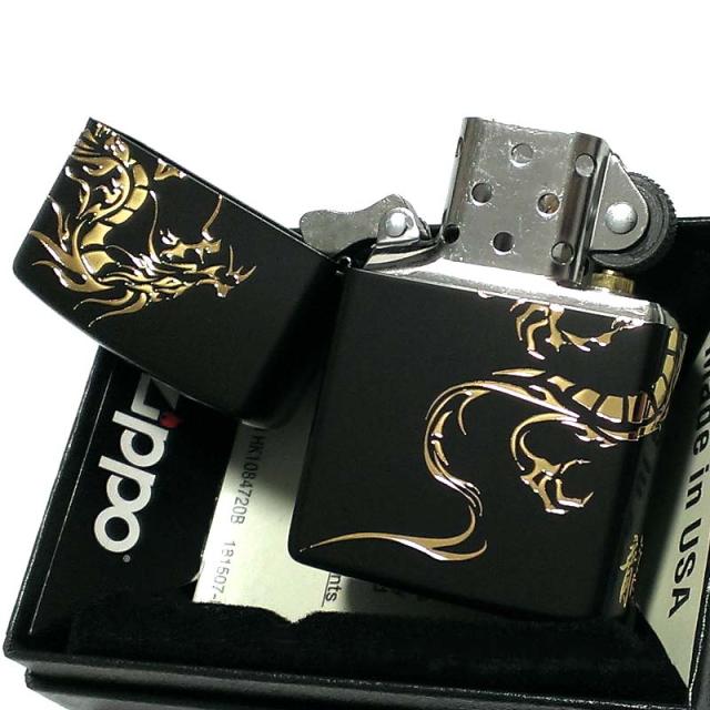 ZIPPO ライター ドラゴンタトゥー ジッポ 龍 マットブラック トライバル ２面エッチング 黒＆金差し かっこいい メンズ プレゼント ギフト_4