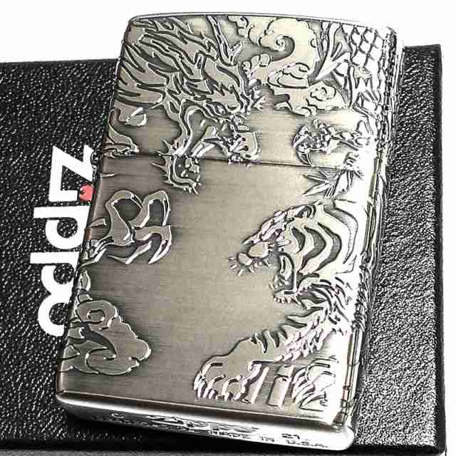 ZIPPO ジッポ ライター 銀 御守り 龍虎 かっこいい 4面 エッチング 