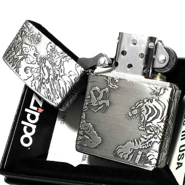 ZIPPO ジッポ ライター 銀 御守り 龍虎 かっこいい 4面 エッチング 