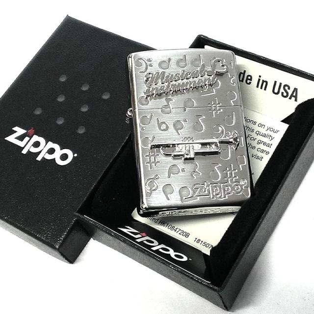 ZIPPO ライター 楽器 トランペット ジッポ かわいい シルバー 両面加工 おしゃれ ハート 音符 可愛い ホワイトニッケル 銀 プレゼント_5