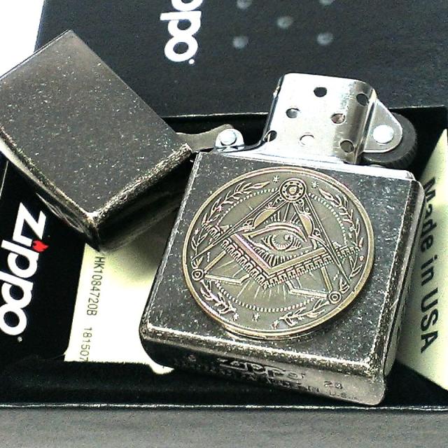 ZIPPO ライター かっこいい フリーメイソン メダル 古銭 ジッポ おしゃれ ニッケルバレル仕上げ 渋い アンティークシルバー 御守り_2