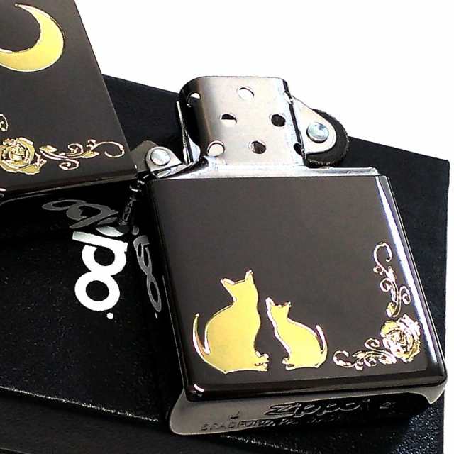 ZIPPO ライター ネコ ブラック ゴールド ジッポ 猫 可愛い 黒金 月 
