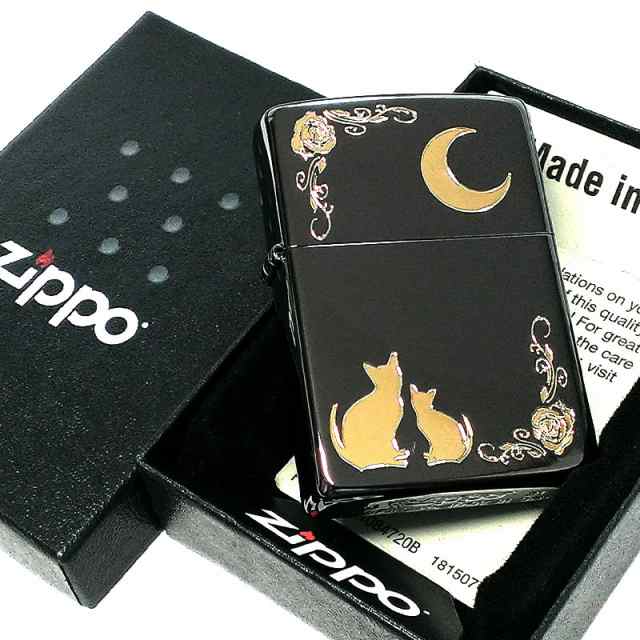 ZIPPO ライター ネコ ブラック ゴールド ジッポ 猫 可愛い 黒金 月 
