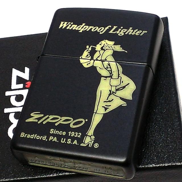 ジッポ ライター ウィンディガール 黒金 ZIPPO マットブラック WINDY GIRL 定番 プリント 艶消し黒 かわいい ロゴ レディース メンズ