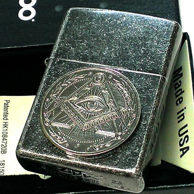 ZIPPO ライター かっこいい フリーメイソン メダル 古銭 ジッポ おしゃれ ニッケルバレル仕上げ 渋い アンティークシルバー 御守り