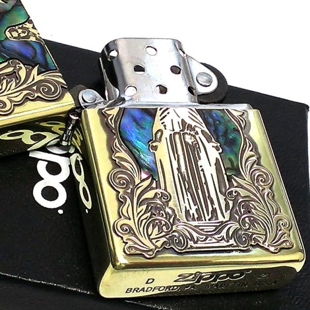 ZIPPO アラベスク シェルマリア ジッポ ライター 真鍮いぶし 逆エッチング 御守り 彫刻 アンティークゴールド_2