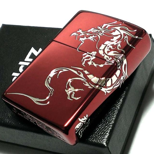 ZIPPO ライター ドラゴンタトゥー ジッポ 龍 ワインレッド トライバル ２面エッチング 赤＆銀差し かっこいい メンズ プレゼント ギフト_5