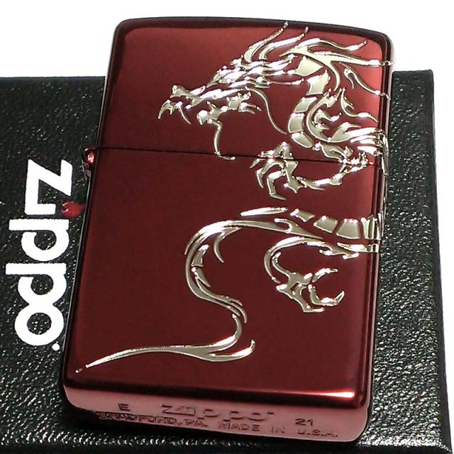 ZIPPO ライター ドラゴンタトゥー ジッポ 龍 ワインレッド トライバル ２面エッチング 赤＆銀差し かっこいい メンズ プレゼント ギフト_1