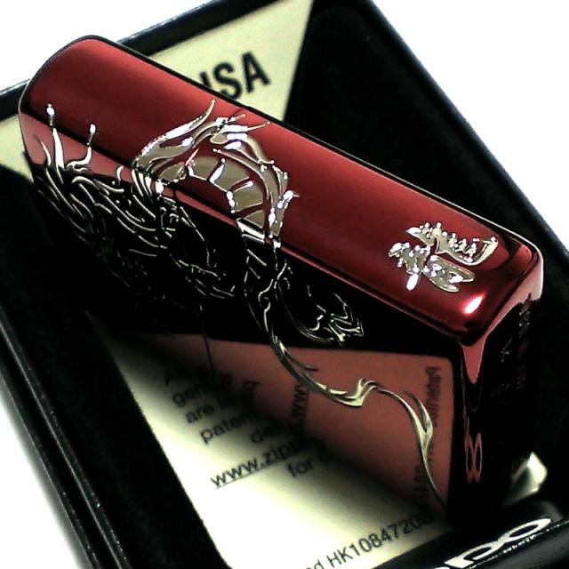 ZIPPO ライター ドラゴンタトゥー ジッポ 龍 ワインレッド トライバル ２面エッチング 赤＆銀差し かっこいい メンズ プレゼント ギフト_2