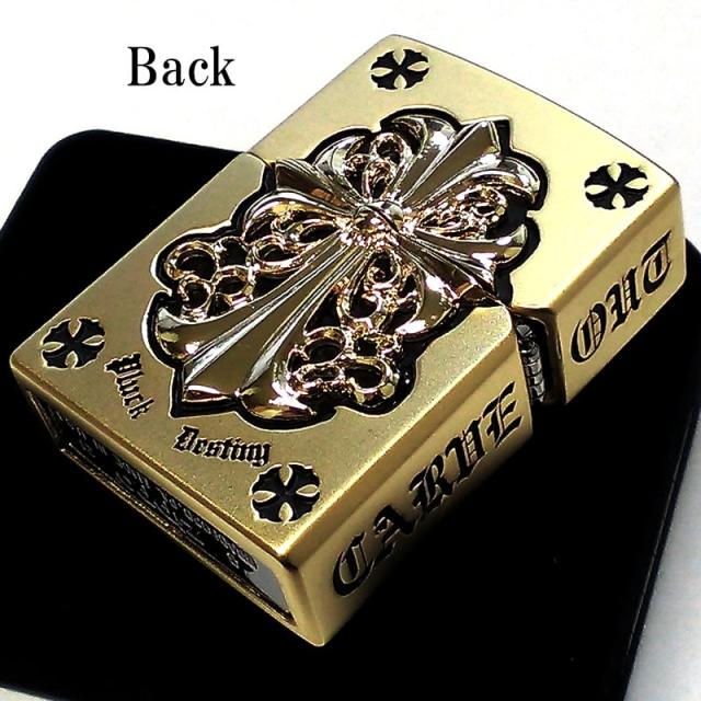 ZIPPO ライター メタルジャケット ジッポ 超重厚 艶消しゴールド クロスメタル 金タンク 5面デザイン 彫刻 メンズ 銀 十字架 プレゼント_1