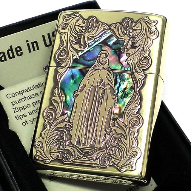 ZIPPO アラベスク シェルマリア ジッポ ライター 真鍮いぶし 逆エッチング 御守り 彫刻 アンティークゴールド_1