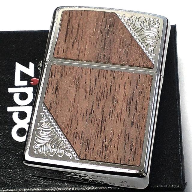 ZIPPO ライター ウッド メタル ジッポ ウッド貼り シルバー アラベスク エッチング彫刻 おしゃれ かっこいい レディース メンズ ギフト プレゼント_1