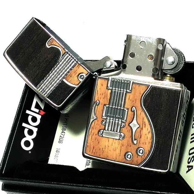 ZIPPO ライター アンテーク ギター ジッポ シルバーイブシ 天然木象嵌 ウッドインレイ 両面加工 彫刻 かっこいい おしゃれ