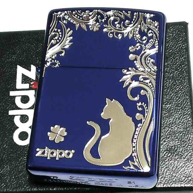 ZIPPO ライター ねこ キャット ジッポ 猫 クローバー 青 ロゴ 四つ葉