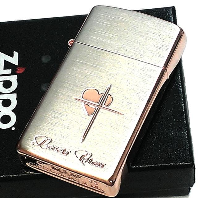 【訳あり】ZIPPO スリム ジッポ ライター ハート クロス ラバーズ 彫刻 ピンクゴールド シルバーサテン 可愛い 女性 メンズ レディース かわいい シンプル