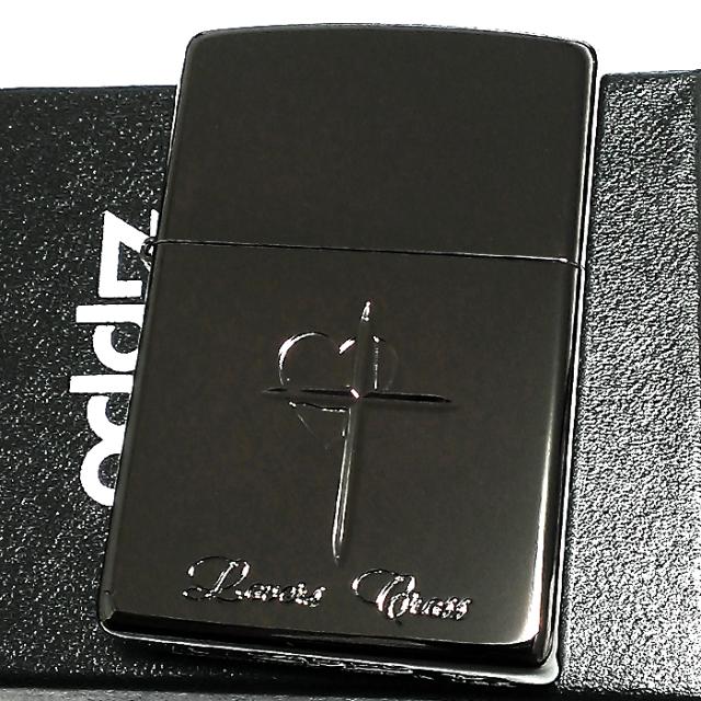 ZIPPO ジッポ クロス ハート ラバーズ 彫刻 ライター ブラックミラー 可愛い おしゃれ 黒 レディース メンズ ギフト ペア プレゼント_1