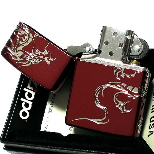ZIPPO ライター ドラゴンタトゥー ジッポ 龍 ワインレッド トライバル ２面エッチング 赤＆銀差し かっこいい メンズ プレゼント ギフト_4
