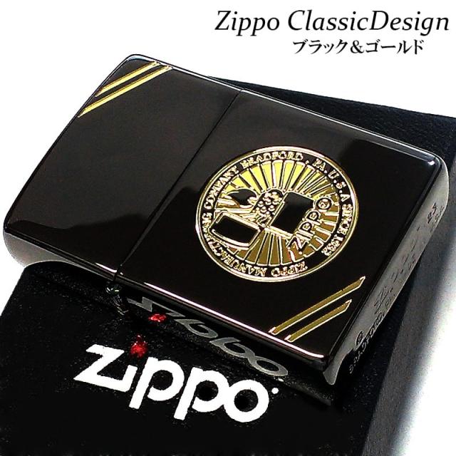 ZIPPO ライター クラシックデザイン ブラック＆ゴールド ジッポ エッチング彫刻 かっこいい サイドゴールド おしゃれ 黒金