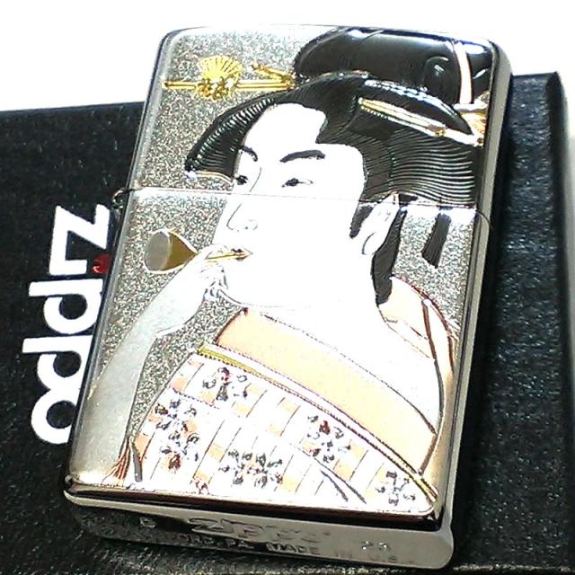 ZIPPO ライター 和柄 ビードロを吹く女 おしゃれ 上品 ジッポ シルバー 日本 和風 女性 彫刻 デンチュウバン 銀 レディース メンズ