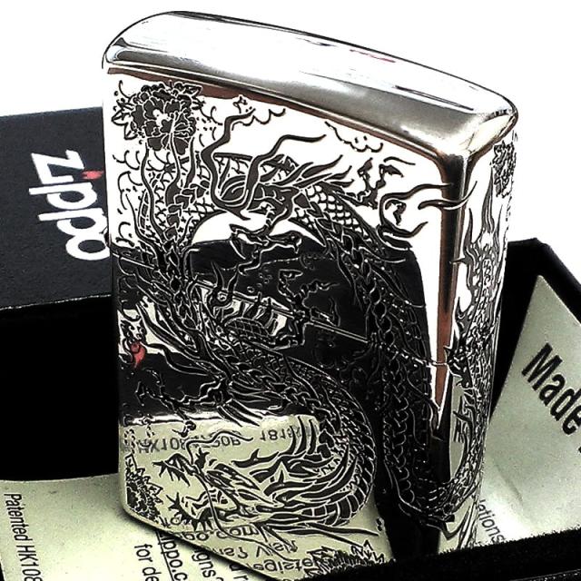 ZIPPO ライター 二面龍 ジッポ シルバー 2面連続彫刻 銀燻し仕上げ 竜 