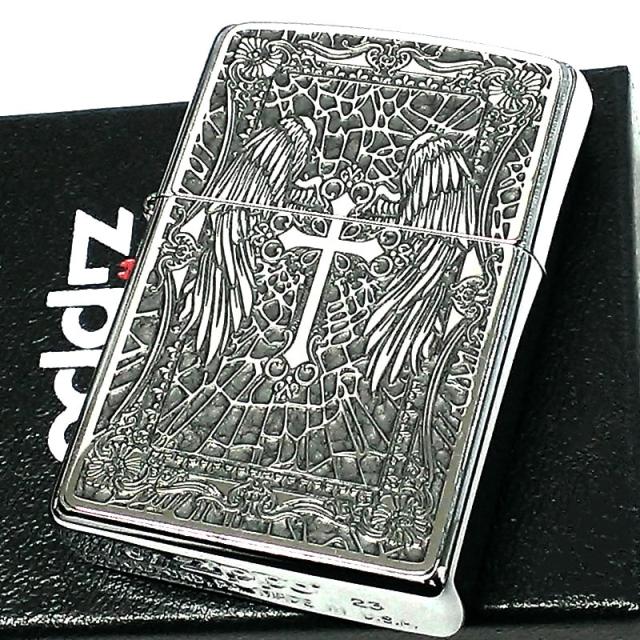 ZIPPO クロス エンジェル ジッポライター 十字架 グレー ロゴ おしゃれ 天使の羽 かっこいい 両面柄違い加工 細密メタル おしゃれ ギフト