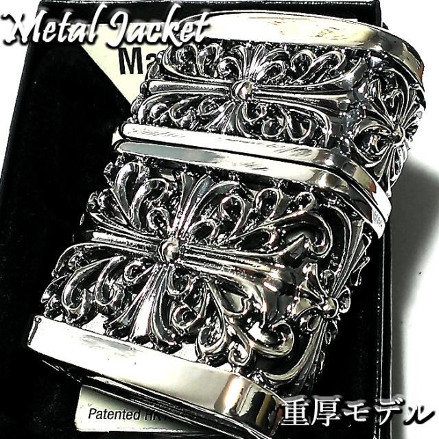 ZIPPO ライター メタルジャケット ダブルクロス 超重厚 シルバーイブシ ジッポ 4面加工 彫刻デザイン 銀 メンズ アクセサリー かっこいい 十字架 プレゼント ギフト