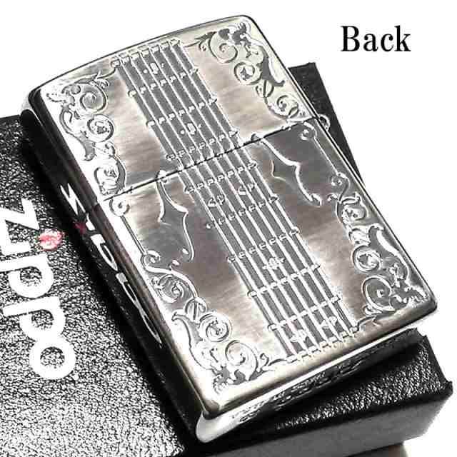 ZIPPO ライター アンテーク ギター ジッポ シルバーイブシ 天然木象嵌 ウッドインレイ 両面加工 彫刻 かっこいい おしゃれ