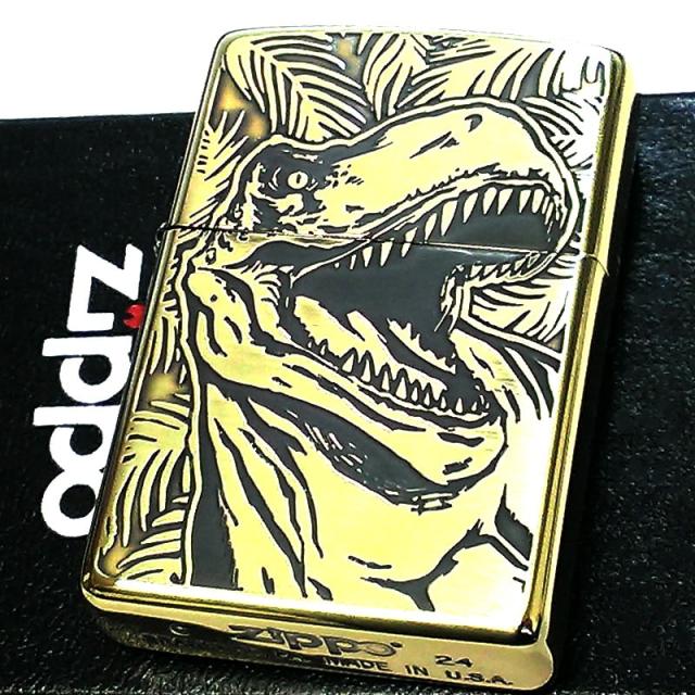 ZIPPO ティラノサウルス ジッポ ライター 恐竜 かっこいい ゴールド メンズ 真鍮燻し仕上げ ブラス 金 両面加工 彫刻 おしゃれ ギフト