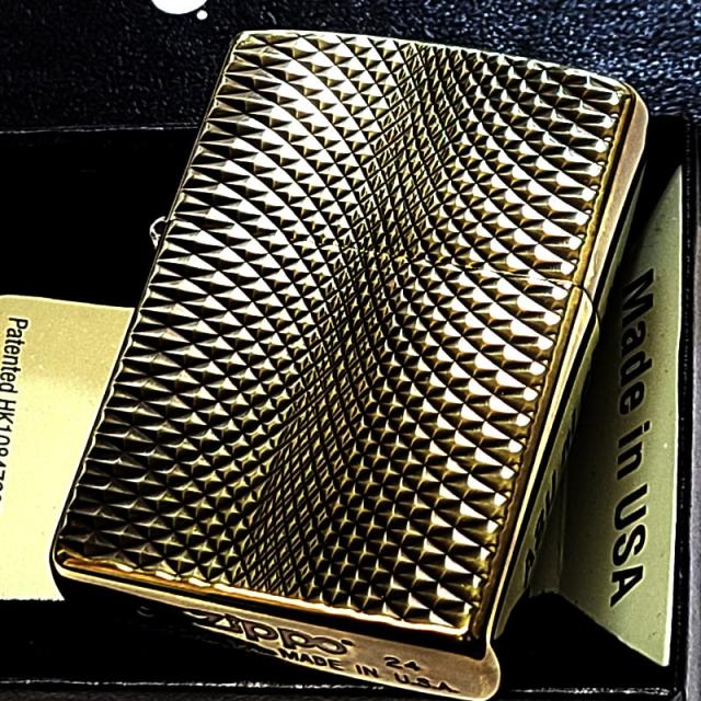 ZIPPO ライター ダイヤモンドカット おしゃれ アンティーク ジッポ 両面加工 ユーズドフィニッシュ 彫刻 ブラス ゴールド かっこいい ダイヤカット