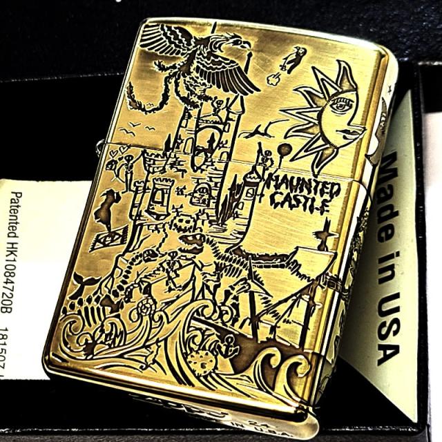 ZIPPO ライター ユーズド加工 HAUNTED CASTLE ジッポ 幽霊 お城 可愛い ブラス 彫刻 ユーズドフィニッシュ アンティークゴールド お化け おしゃれ レディース メンズ ギフト プレゼント 動画あり